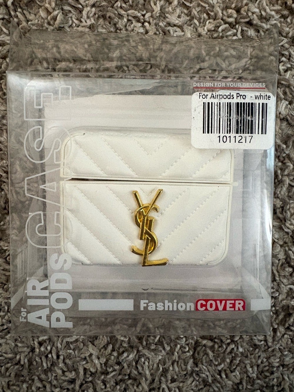 White Quilted AirPods Pro Case with Gold YSL Logo